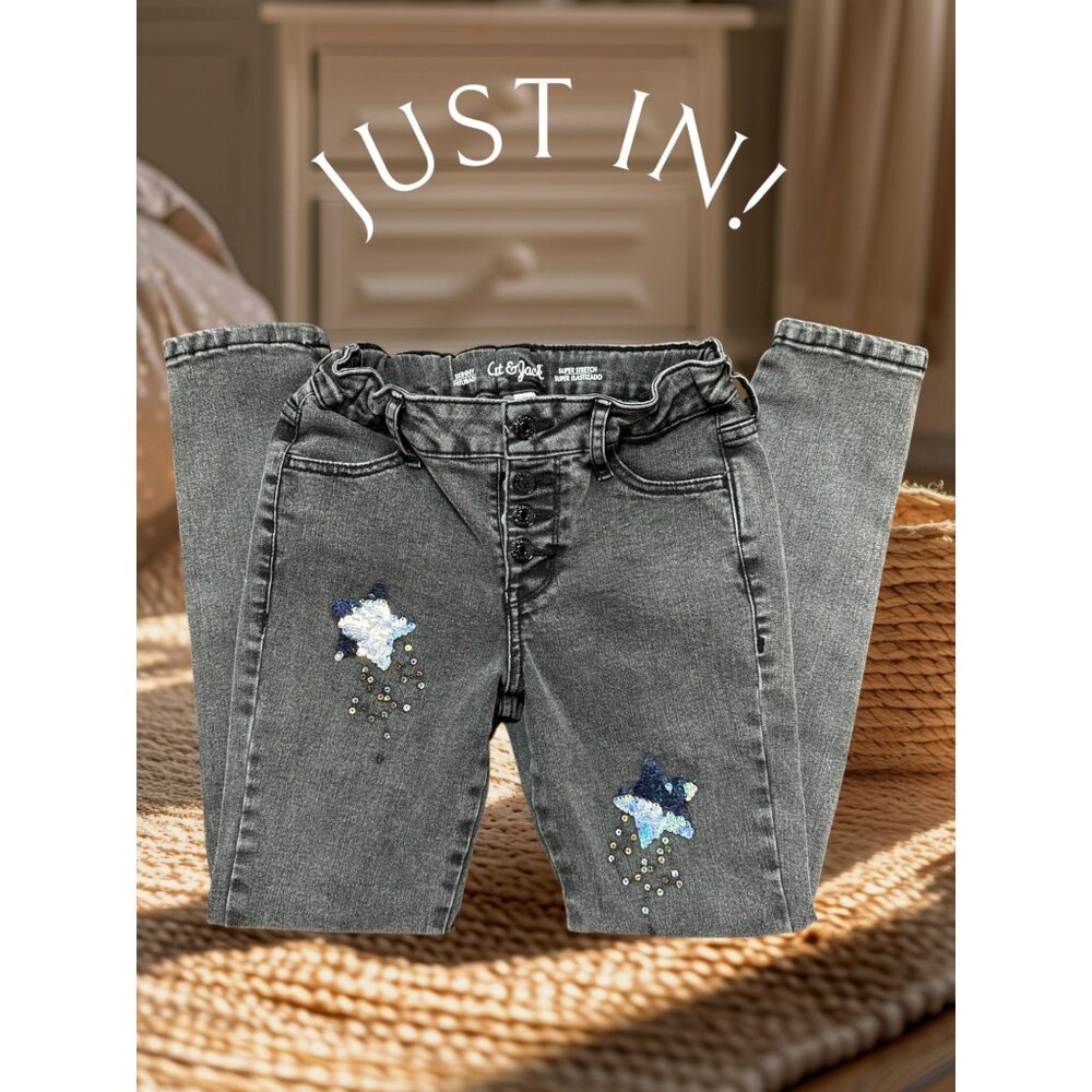 4Th July sequin Cat and Jack Girls Jeans Super Skinny Sz 10 Waist  Adjustable